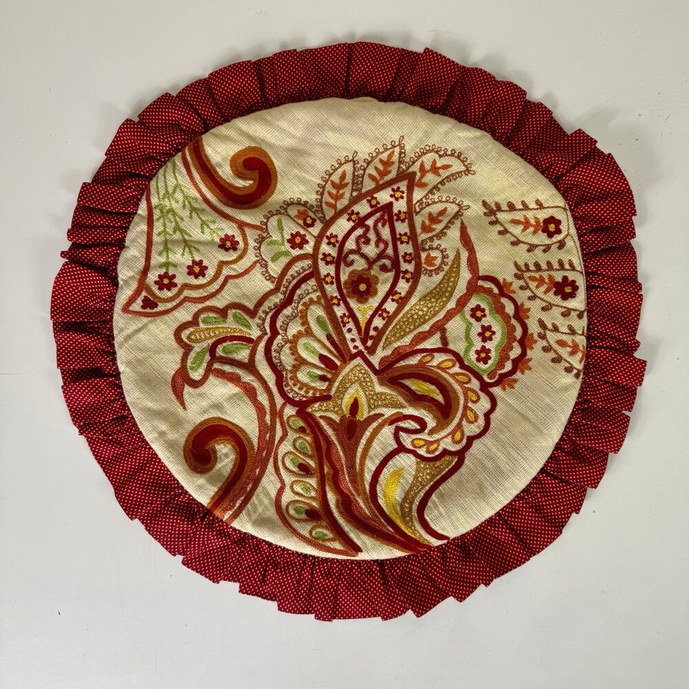 Two Pier 1 Round Boho Ruffle Pillow Set Red Polka Dot Embroidered Floral Design
